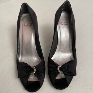 Stuart Weitzman black evening peep toe satin stiletto heels 9M